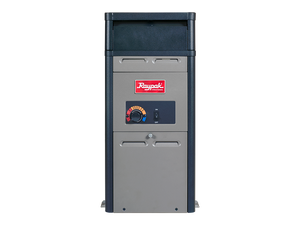 Raypak above ground pool heater 106A, front view of the compact cabinet