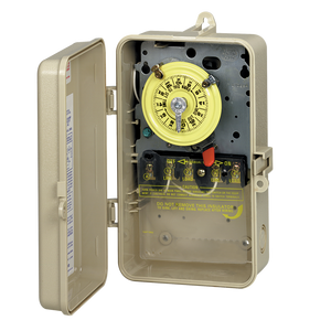 Intermatic T104P3 24-hour pool timer in outdoor plastic enclosure, door open, three-quarter view