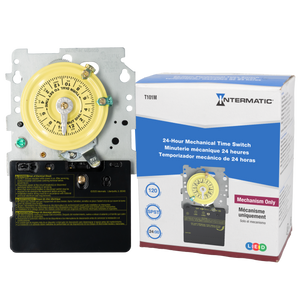 Intermatic T101M mechanism shown with its retail box