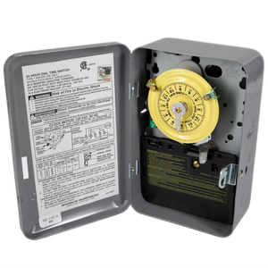 Intermatic T101 24-hour time switch in indoor metal enclosure, door open