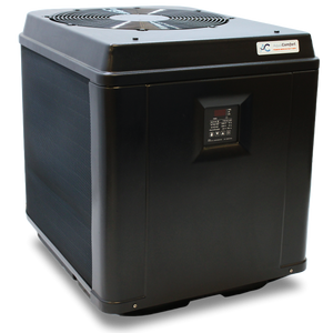 AquaComfort Signature XL pool heat pump, front three-quarter view of the cabinet and top fan grille