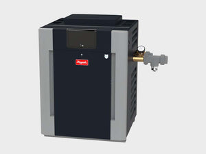 Raypak ASME pool heater copper model, front view of the bronze-header cabinet