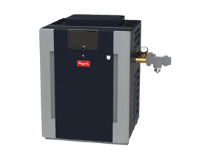 Raypak ASME pool heater copper model, front view of the bronze-header cabinet
