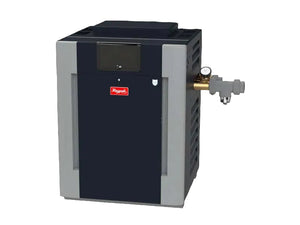 Raypak ASME cupro nickel pool heater, front view of the bronze-header cabinet