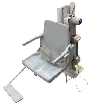 Global Pool Products C-375 ADA pool lift – front three-quarter view, grey seat, stainless frame