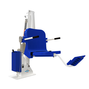 Aqua Creek Ranger 2 ADA pool lift — white frame with blue seat, front three-quarter view