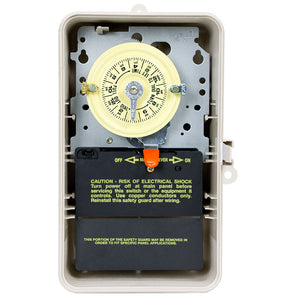 Intermatic T104P3 outdoor pool timer, door open, front view