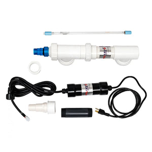 Solaxx NUVO UV 1500 pool UV sanitizer with chamber, power cord and plumbing fittings