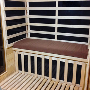 HeatWave Sauna Seat Cushion, Brown - cushion laid along the bench inside a two-person cabin
