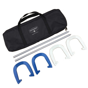 Hathaway Heavy Duty Horseshoes Set - two blue and two white shoes, both stakes and the carry bag