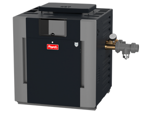 Raypak Low NOx ASME pool heater, front view with gas train and bronze headers