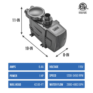 Blue Wave FlowXtreme PRO VS Pool Pump - 19 x 11 x 8 in; 1 HP, 115V, 6.4A, 2880-4863 GPH, 42.65 ft head