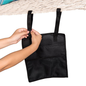 Island Umbrella Hammock Organizer - hands fastening the hook-and-loop strap over the hammock rope