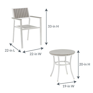 Island Retreat Tek-Wood Patio Set - chair 22 x 22 x 33 in; side table 19 in across and 20 in high