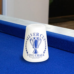 Silver Cup Cone Talc Chalk - cone standing on the rail of a blue-felt pool table