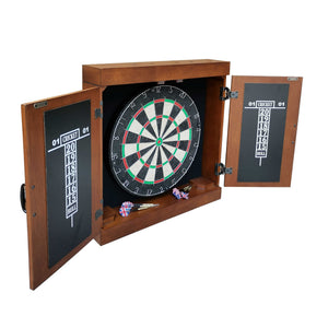 Hathaway Farmington Dartboard Cabinet - doors open showing the board, scoreboards and six darts