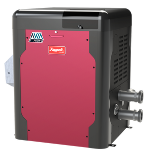 Raypak AVIA HD NiTek pool heater, quarter view of the cabinet and control panel