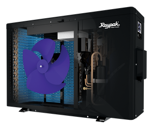 Raypak Crosswind heat pump cutaway showing inverter compressor and low-speed fan motor