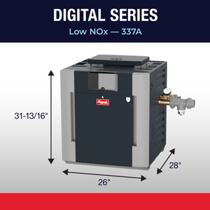 Raypak 337A gas pool heater dimension drawing with cabinet height, width and depth