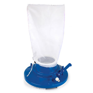 Blue Wave Ultimate Leaf Bagger - full unit on white with the mesh bag upright and hose valve fitted
