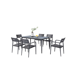 Island Retreat Bali 7-Piece Contemporary Outdoor Patio Dining Set - Slate Grey Patio Furniture & Umbrella — shown in use (1)