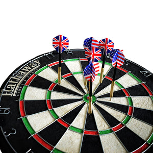 Hathaway Winners Choice Bristle Dartboard - close-up of six darts landed around the bullseye