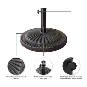 Island Umbrella 31-lb Base - blended poly resin, powder-coated one-piece stem, comfort-grip knobs