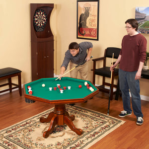 Hathaway Kingston Poker Table Set, Oak - two players at the bumper pool top in a games room