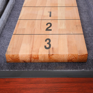 Hathaway Challenger Shuffleboard, Dark Cherry - scoring end of the maple playfield marked 1, 2 and 3