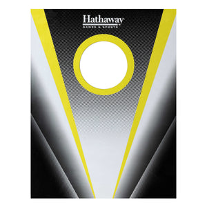 Hathaway Compact Cornhole Set - board face flat on, showing the target hole and chevron graphic