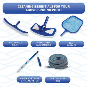 Blue Wave Economy Maintenance Kit - labelled contents: wall brush, vacuum head, skimmer, pole, 25-ft hose