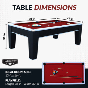 Hathaway Mirage 90-in Pool Table - Black and Silver with Dark Red Felt Game Room Table — dimension and specification diagram