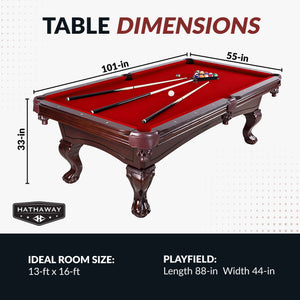 Hathaway Augusta 8-ft Pool Table - Mahogany Finish with Red Felt Game Room Table — dimension and specification diagram