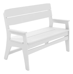 Ledge Lounger Mainstay bench — white resin outdoor bench, angled view