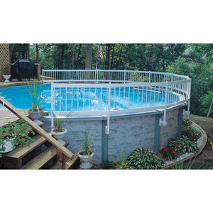 Blue Wave Above Ground Pool Fence Kit, White - fence fitted to a round above-ground pool beside a deck