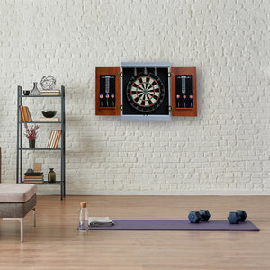 Hathaway Geneva Dartboard Cabinet - cabinet open on a white brick wall in a home gym