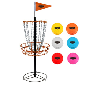 Hathaway Disc Golf Set - basket with the six discs labelled driver, mid-range and putter