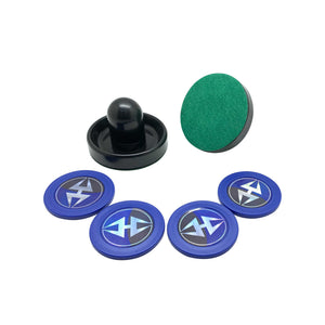 Hathaway Air Hockey Strikers and Pucks, Black and Blue - full set: two strikers and four blue pucks