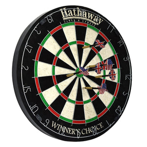Hathaway Winners Choice Bristle Dartboard - board at an angle with six darts grouped in the centre
