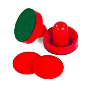 Hathaway Air Hockey Set, Red - both strikers and two pucks laid out on white