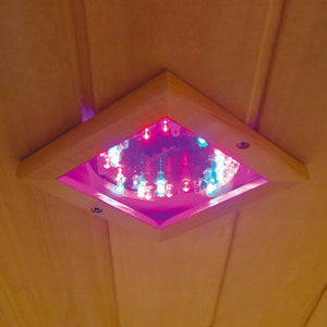 HeatWave Coronado Sauna - corner-mounted colour therapy LED light lit in the cabin ceiling