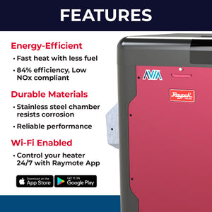 Raypak AVIA features: 84% efficiency, Low NOx, Wi-Fi Raymote app