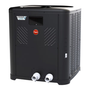 Raypak Crosswind V pool heat pump, front three-quarter view with 2 in PVC unions
