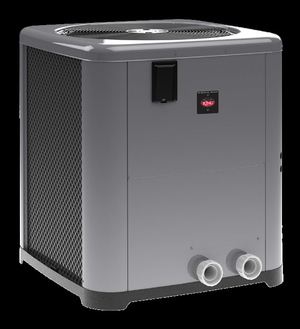 Raypak WeatherKing TWPH-6560EHT01 pool heat pump — three-quarter view of the steel cabinet and 2 in PVC unions