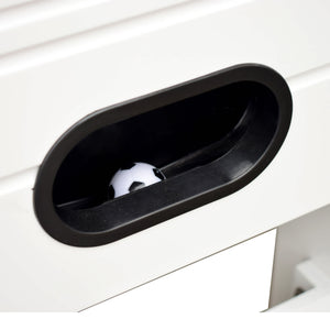 Hathaway Highlander Outdoor Foosball Table - ball return cup in the white cabinet with a ball inside