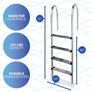 Blue Wave Premium Stainless Steel In-Pool Ladder - 72 in high, 46 in tread drop, 24 in base, 54-in pools