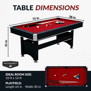 Hathaway Spartan 6-ft Pool Table - 72 x 38 x 31 in; 64 x 30 in playfield, 10 x 13 ft room