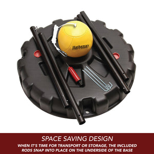 Hathaway Tetherball Set - pole sections, ball, pump and pegs stowed on the underside of the base