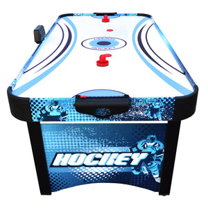 Hathaway Enforcer Air Hockey Table - end-on view showing the goal slot and printed side panel
