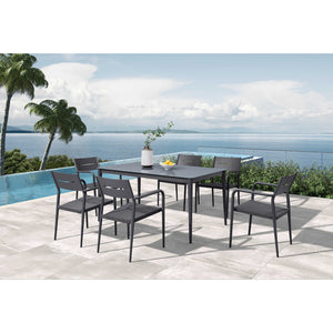 Island Retreat Bali 7-Piece Contemporary Outdoor Patio Dining Set - Slate Grey Patio Furniture & Umbrella — shown in use